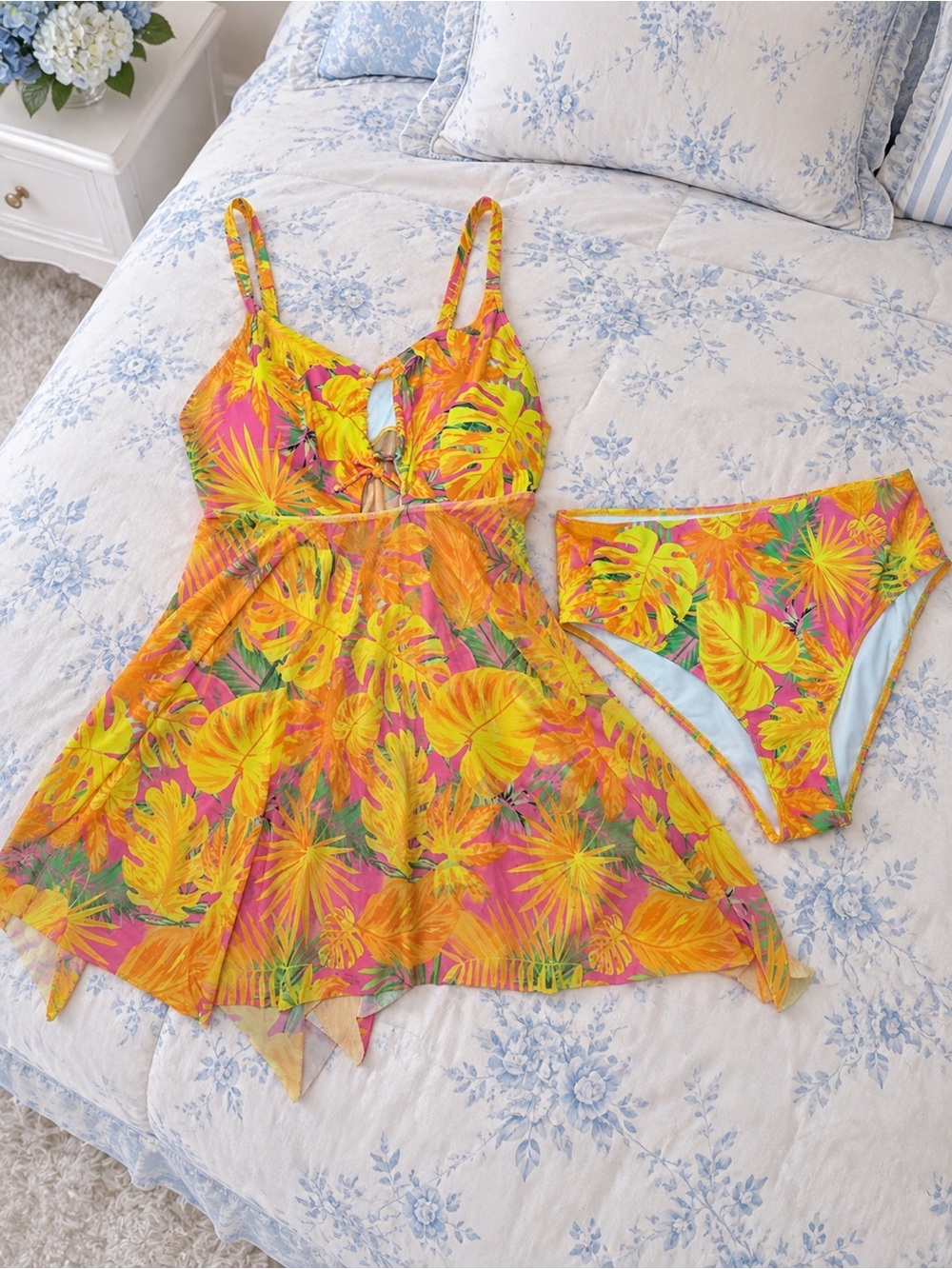 SHEIN Yellow & Pink Tropical Floral Swim Dress Set